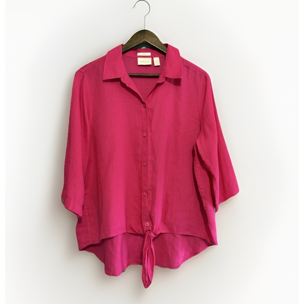 Chicos 2 No Iron 100% Linen Blouse Top‎ Large 12 Pink Lagenlook Beach Breathable